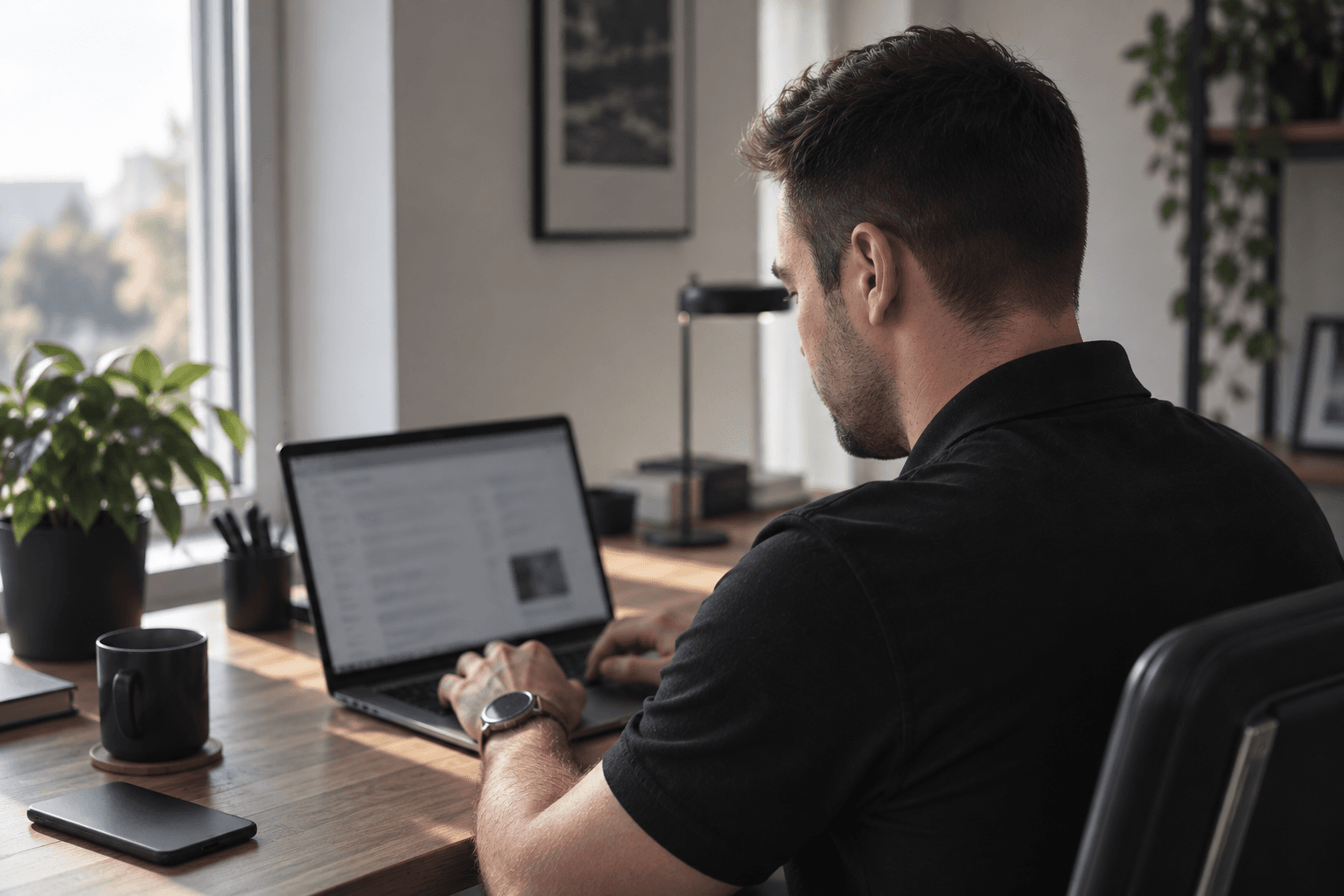 Malwin Hermann arbeitet konzentriert an einem Website-Projekt