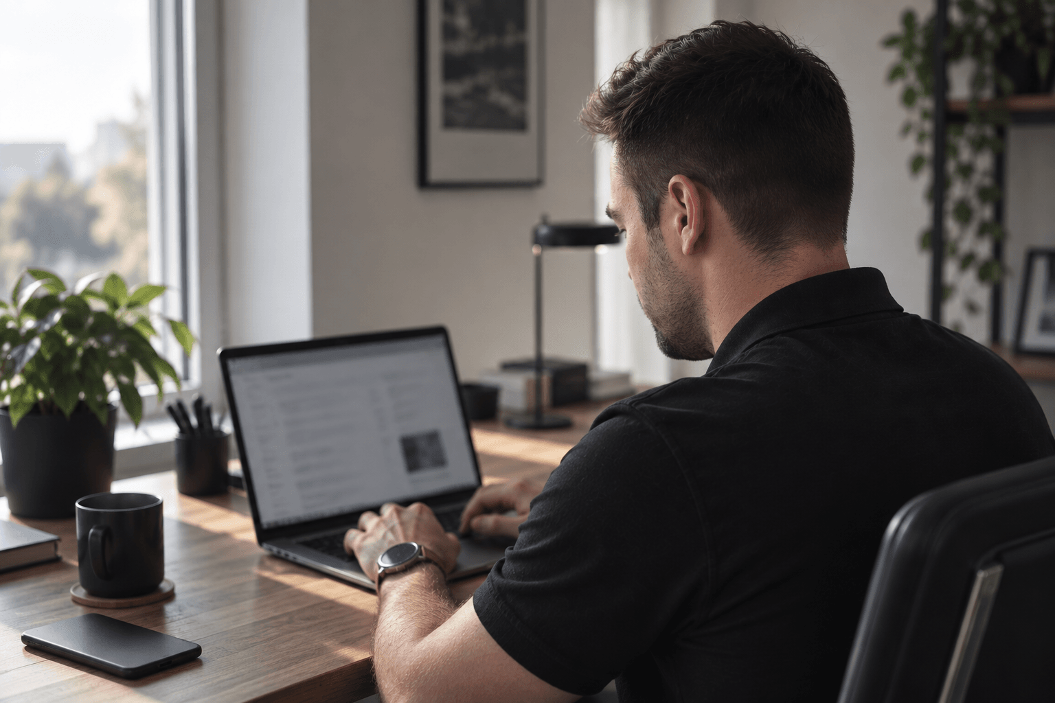 Malwin Hermann arbeitet konzentriert an einem Website-Projekt